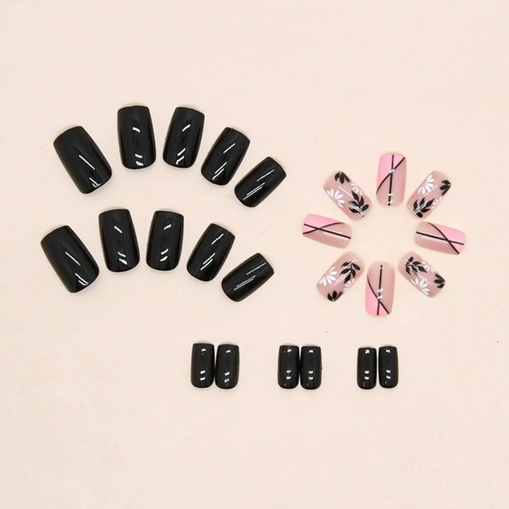 Black & Pink Floral Press On Nails